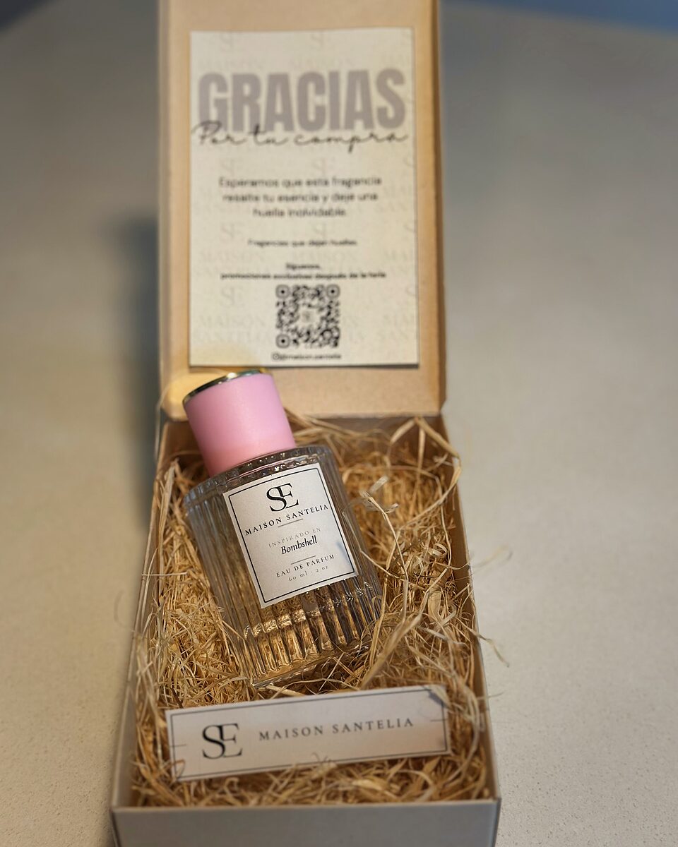Frasco Bombshell de tapa rosa de Maison Santelia con tarjeta de agradecimiento
