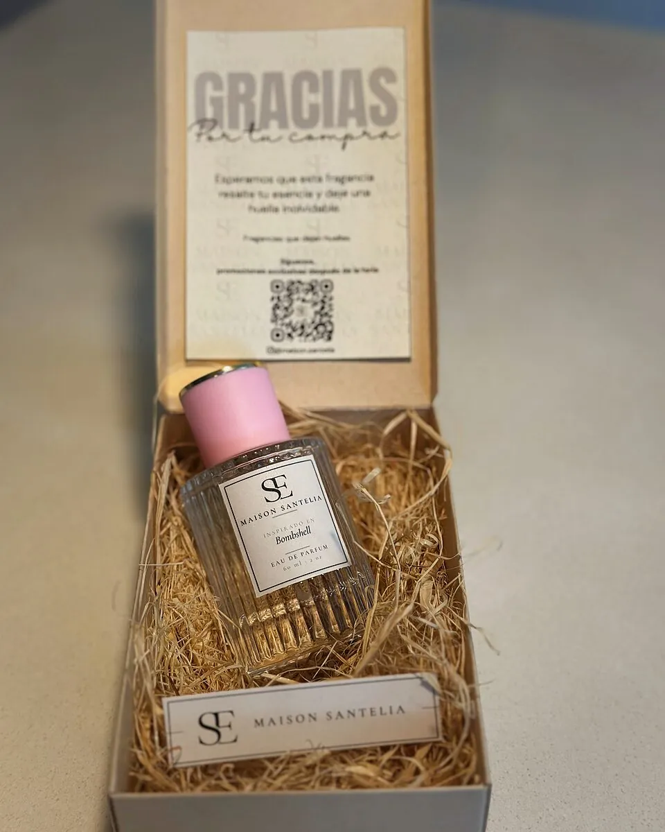 Frasco Bombshell de tapa rosa con tarjeta de agradecimiento